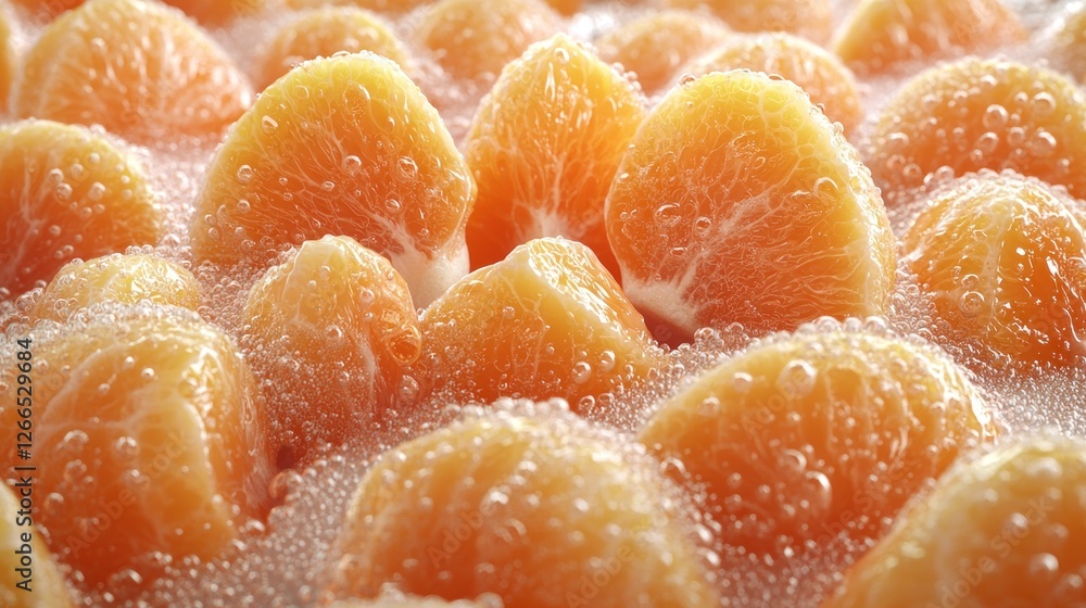 Orange slices in bubbling water, close-up, fresh fruit Orange slices in bubbling water, close-up, fresh fruit