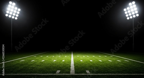 Powerful stadium lights cast a dramatic glow over an empty football field, emphasizing the lines and markings in the darkness