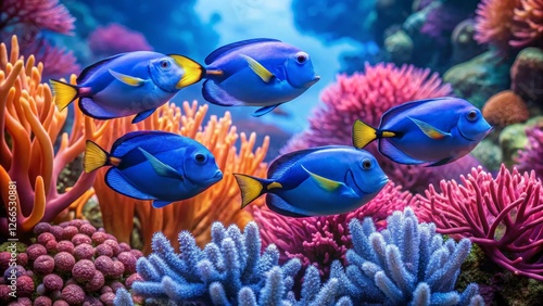 Vibrant Blue Tang Fish Gracefully Swimming Amidst a Lush Coral Reef Ecosystem