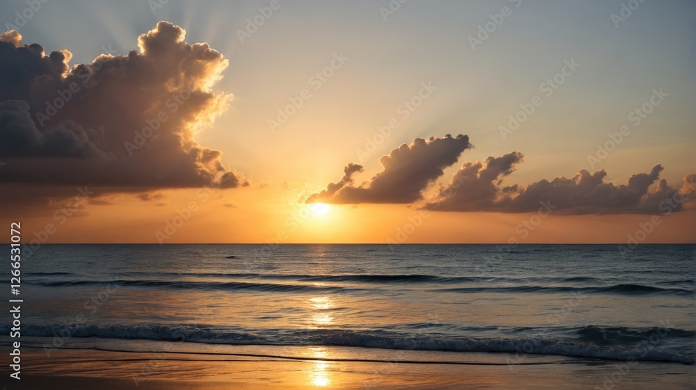 Fototapeta premium sunset over the ocean with a person walking on the beach