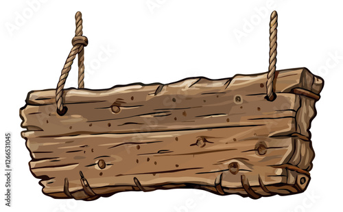 Old hanging wooden sign with knotted rope on white background