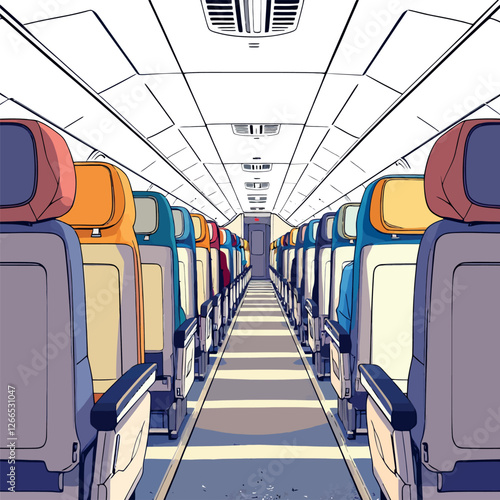 Empty airplane cabin aisle with colorful seats depicting air travel