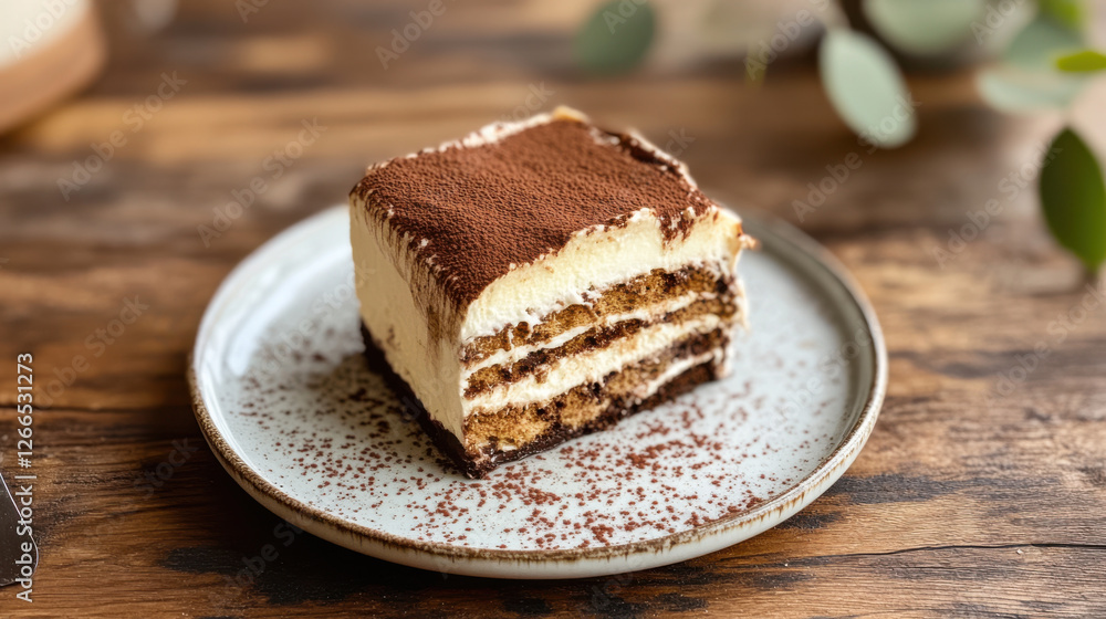 slice of tiramisu on delicate porcelain plate, inviting and rich slice of tiramisu on delicate porcelain plate, inviting and rich