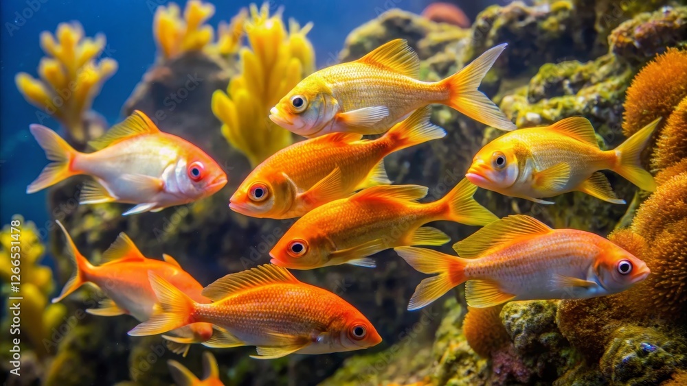 Vibrant orange fish swim gracefully amidst a vibrant underwater coral reef, showcasing their radiant scales and fins in a breathtaking aquatic scene Vibrant orange fish swim gracefully amidst a vibrant underwater coral reef, showcasing their radiant scales and fins in a breathtaking aquatic scene