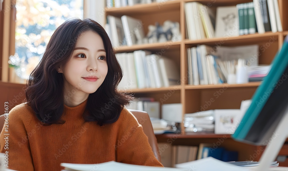 A young female Korean professor who appears to be 30 years old has a bookshelf and desk in her office. Generative AI A young female Korean professor who appears to be 30 years old has a bookshelf and desk in her office. Generative AI