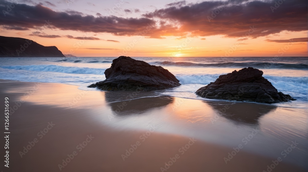 Obraz premium sunset on a beach with two rocks in the water