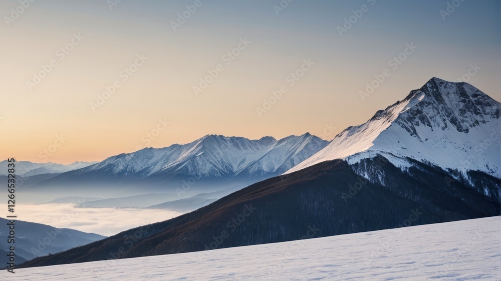 Obraz premium mountains covered in snow and clouds at sunset with a person on skis
