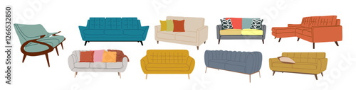 Set of modern sofas different types and colors. Collection of stylish furniture for living room interior design, various couches front, side view. Vector illustrations on transparent background.