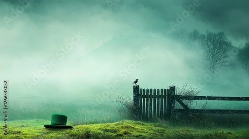 Misty green landscape with a hat and a wooden fence in view.