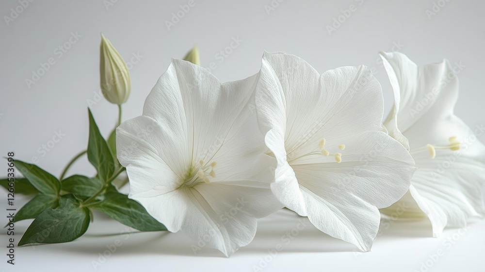 Beautiful white flowers with green leaves isolated on white background. Generative AI Beautiful white flowers with green leaves isolated on white background. Generative AI
