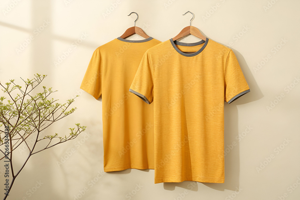 Two Yellow T Shirts Hanging On Wooden Hangers With A Neutral Background. Yellow