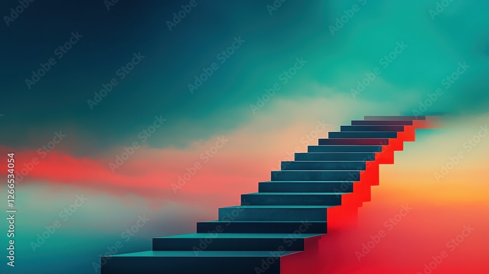 Fototapeta premium Surreal staircase rising through the colorful misty clouds.