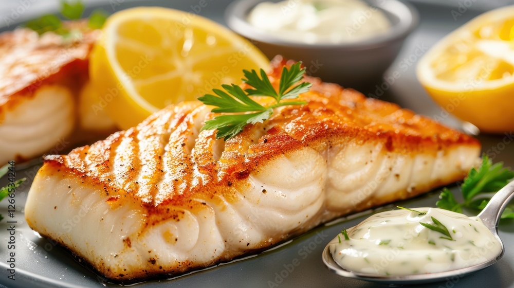 Delicious grilled fish with lemon and creamy sauce on a plate. Delicious grilled fish with lemon and creamy sauce on a plate.