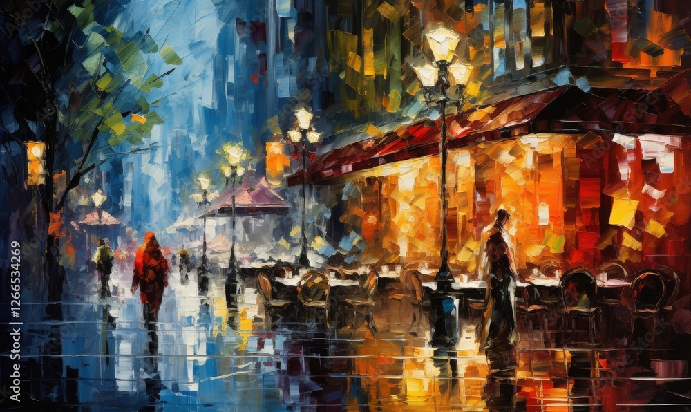 Naklejka premium City street scene. Person walking along the sidewalk. Cafe background. Rainy, wet road. For canvas