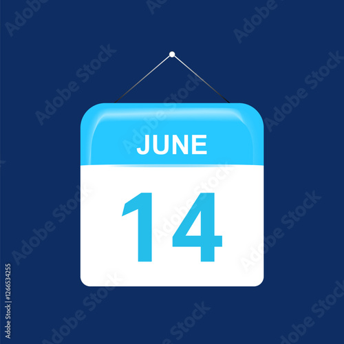 14th June daily calendar icon template. June 14 day calendar design. Single day calendar in vector illustration flat style.