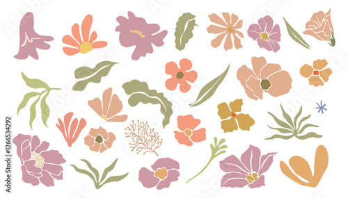 Set of hand drawn shapes and floral design elements. Exotic jungle leaves, flowers. Abstract contemporary modern trendy vector illustrations isolated on transparent background. Digital stickers.