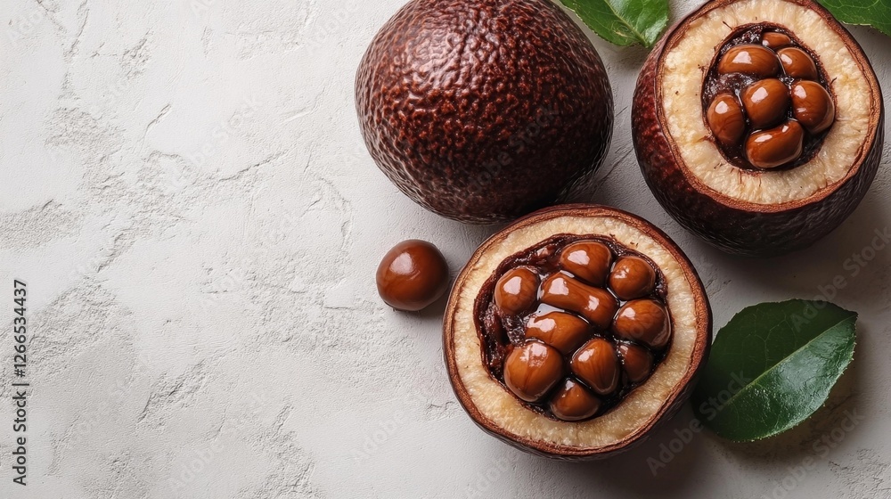 Obraz premium Tropical fruit with opened pods showing seeds inside isolated on white background. Generative AI
