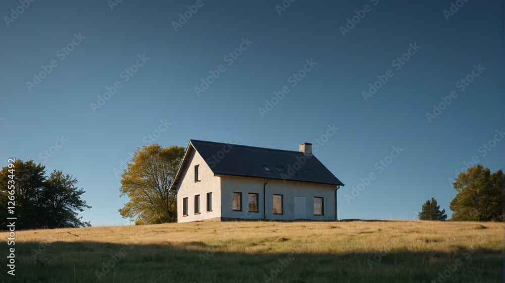 there is a small white house on a hill with trees in the background there is a small white house on a hill with trees in the background