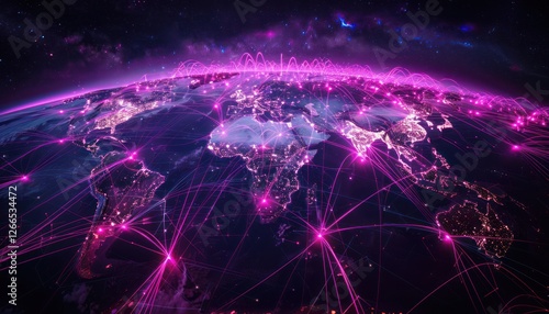 Wonderful world map futuristic telecommunication network, concept about global internet connection and information, communication with dynamic line purple flowing connecting between countries