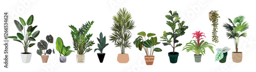 Indoor plants vector illustrations set. Realistic house plants in hand made pots. Exotic flowers with stems and leaves. Ficus, bromeliad, alocasia, palms isolated botanical design on white background.