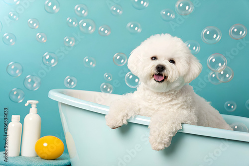 Wallpaper Mural Fluffy White Dog Smiles In A Light Blue Tub With Bubbles And Bottles Of Soap Torontodigital.ca