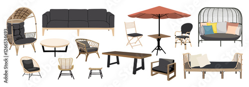 Outdoor garden, porch zone furniture vector realistic illustration set. Cartoon style cozy back yard objects - different rattan armchairs, tables, sofa, day bed, umbrella isolated on white background.