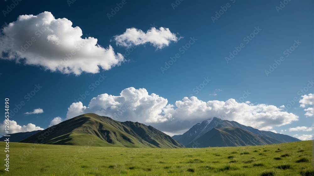 Fototapeta premium mountains with a few clouds in the sky and a green field