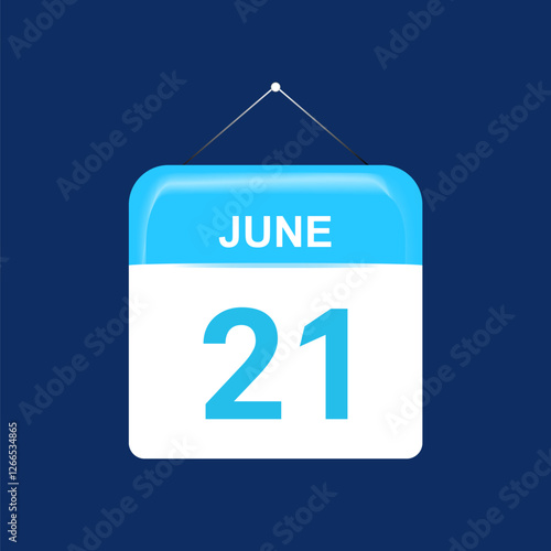 21th June daily calendar icon template. June 21 day calendar design. Single day calendar in vector illustration flat style.