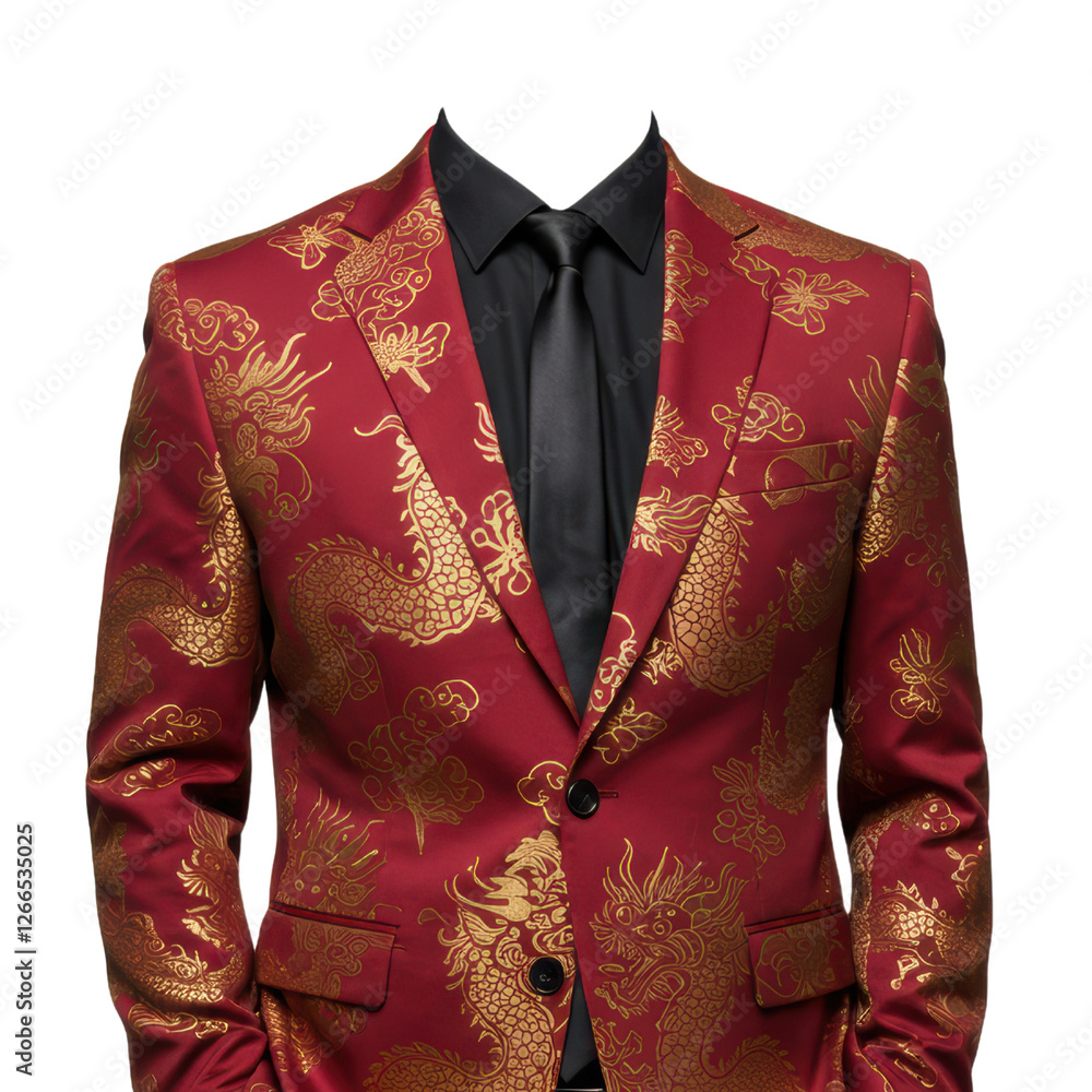 Modern men's suit in deep red with golden dragon motifs embedded in blazer paired with white shirt Modern men's suit in deep red with golden dragon motifs embedded in blazer paired with white shirt