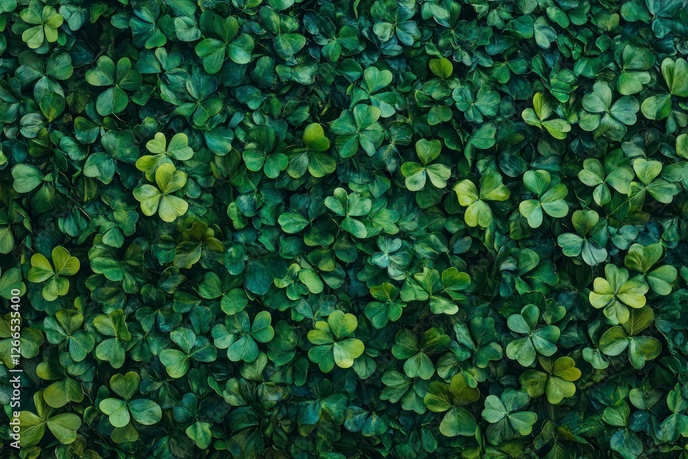 pile of green shamrocks, each with three leaves, creating an overhead view. The background is a deep forest green pile of green shamrocks, each with three leaves, creating an overhead view. The background is a deep forest green