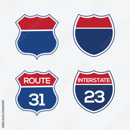Interstate sign icon set. American interstate highway sign, red and blue isolated on white background, vector illustration.