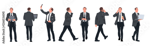 Set of Businessman character in different poses. Handsome man wearing formal suit standing, walking, using phone, tablet, laptop, front, back, side view. Vector realistic illustration isolated