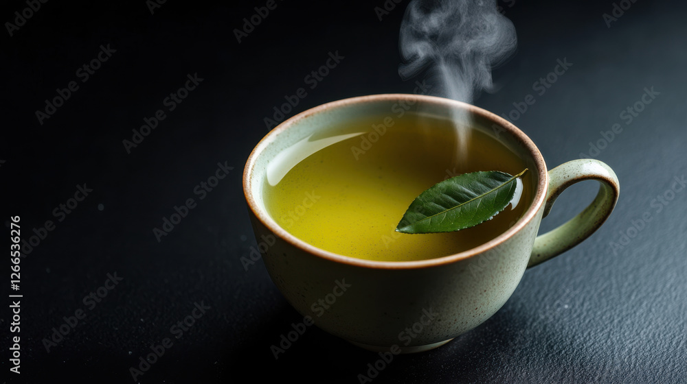 steaming cup of green tea with fresh leaf on top steaming cup of green tea with fresh leaf on top