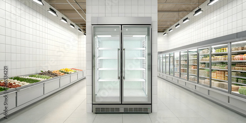 Brightly Lit Grocery Store Aisle With Refrigerated Display Cases And Food