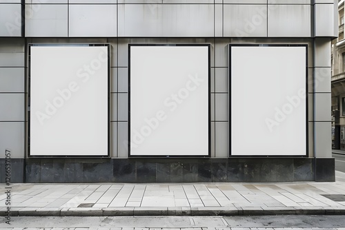blank billboard on the wall,empty signboard,white empty banner,concept of advertisement and marketing,three blank advertising panels