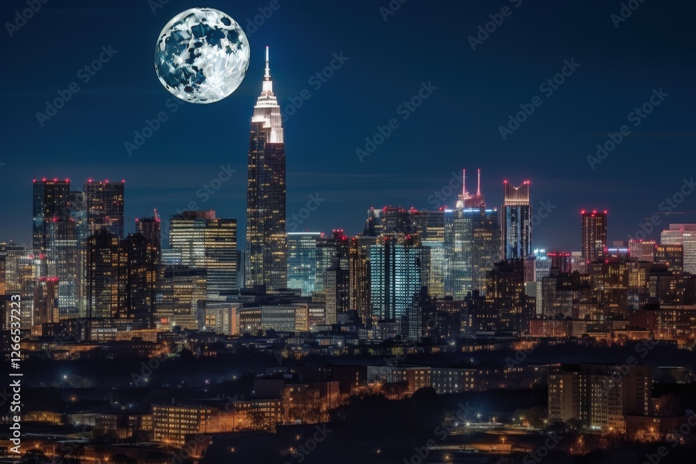 Naklejka premium Cityscape at night with a large moon in the sky, can be used for tourism, travel, or any city-related topic