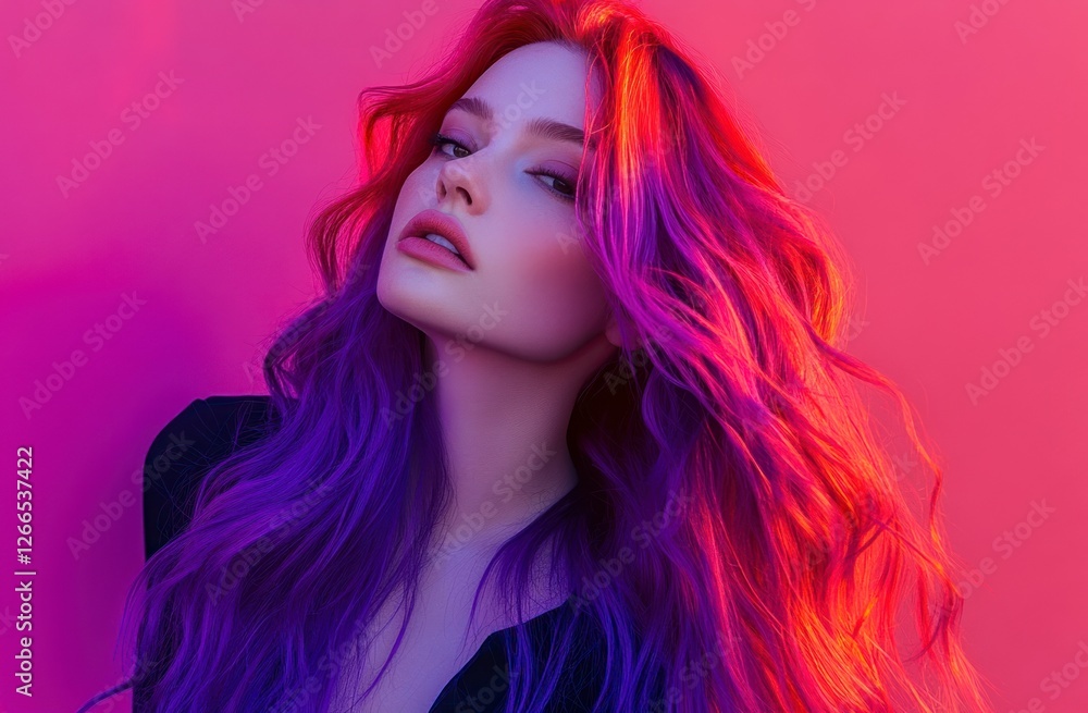 Fototapeta premium model with long, vibrant purple and red hair, styled in colorful waves that frame her face, showcasing the beauty of hair color design for a professional photoshoot.