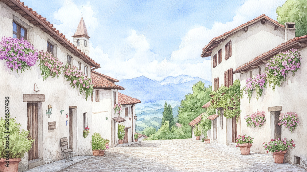 Watercolor Painting of a Charming Italian Village Street Watercolor Painting of a Charming Italian Village Street