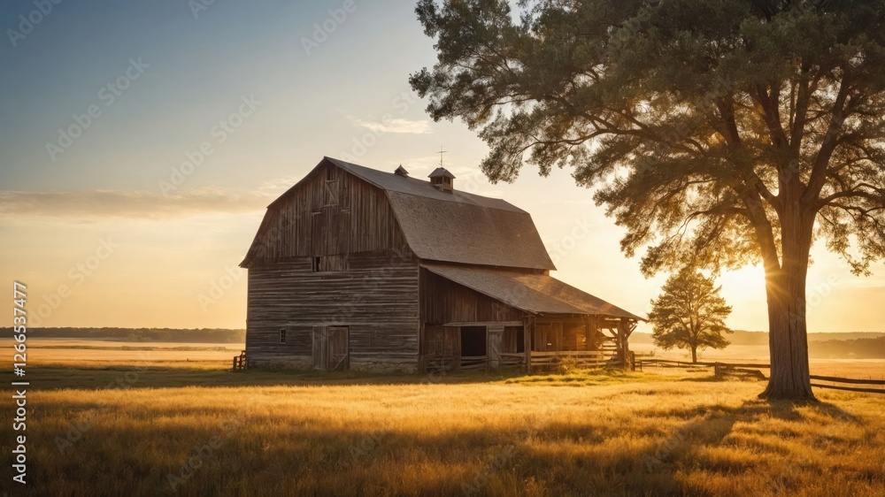A rustic barn at sunset surrounded by golden fields and trees, evoking tranquility. A rustic barn at sunset surrounded by golden fields and trees, evoking tranquility.