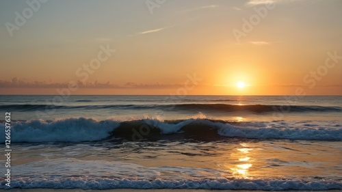 sunset over the ocean with waves crashing in front of a beach