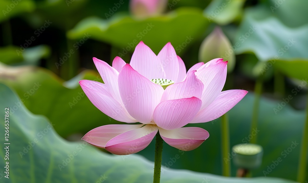 A pink lotus flower blooms, with a green leaf background, Generative AI A pink lotus flower blooms, with a green leaf background, Generative AI