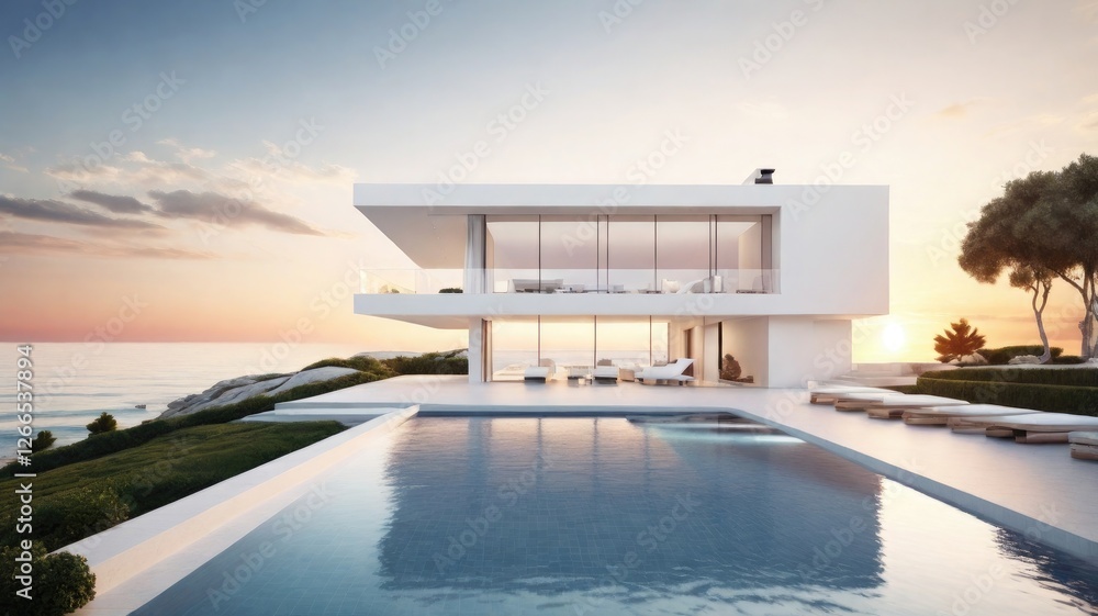 Fototapeta premium Modern white simple house with a swimming pool facing the sea at sunset.