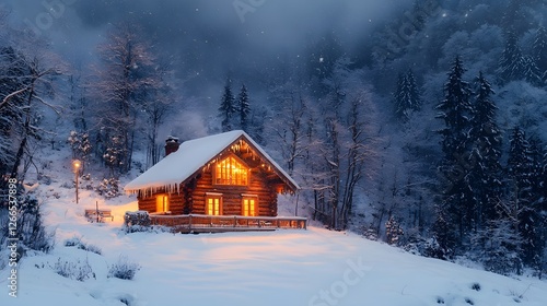 Cozy wooden cabin surrounded by deep snow warm lights glowing through the windows set against a twilight winter sky   an inviting and serene snowy landscape scene with copy space included