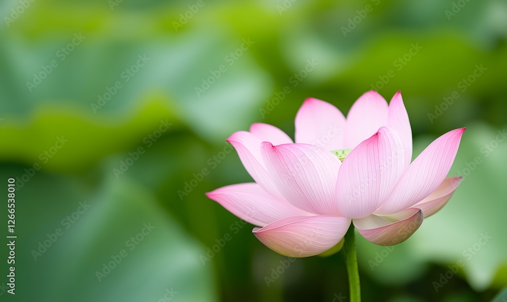 A pink lotus flower blooms, with a green leaf background, Generative AI A pink lotus flower blooms, with a green leaf background, Generative AI