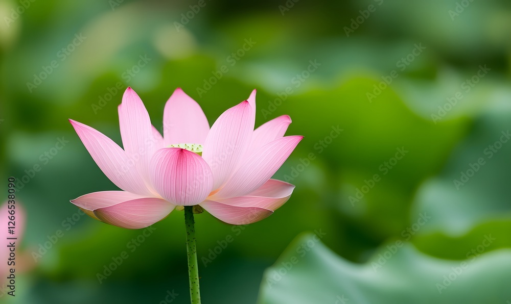 A pink lotus flower blooms, with a green leaf background, Generative AI A pink lotus flower blooms, with a green leaf background, Generative AI