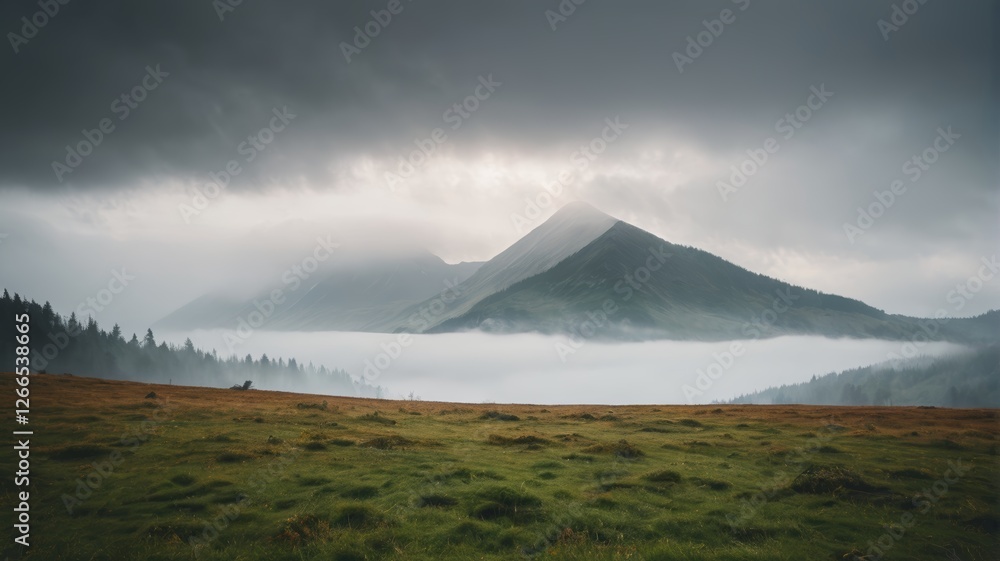 Fototapeta premium mountains with a low cloud cover and a lone horse in the foreground