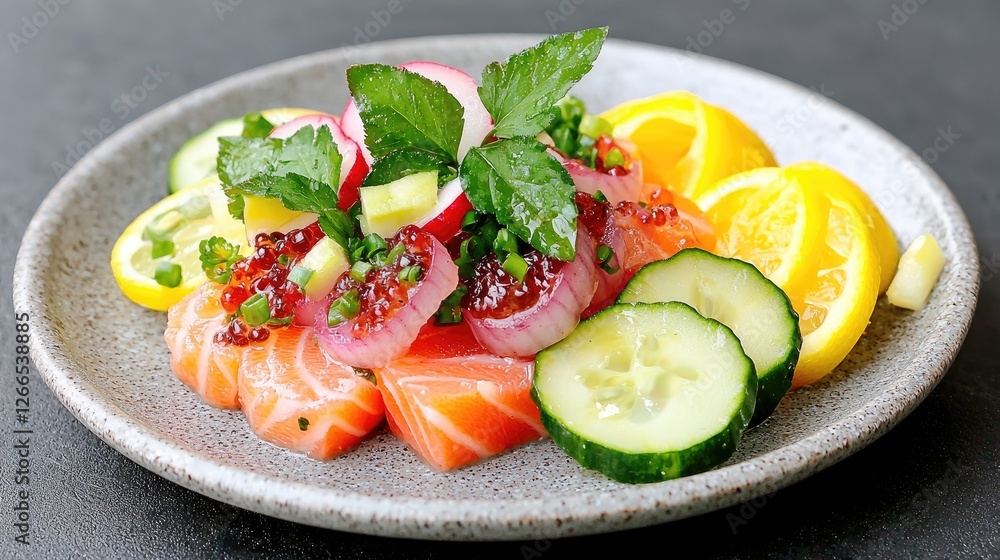 Salmon sashimi citrus salad, restaurant dish Salmon sashimi citrus salad, restaurant dish