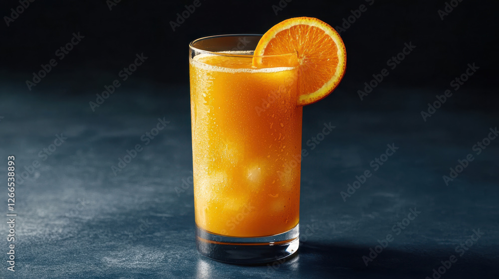 Freshly squeezed orange juice in tall glass with ice Freshly squeezed orange juice in tall glass with ice