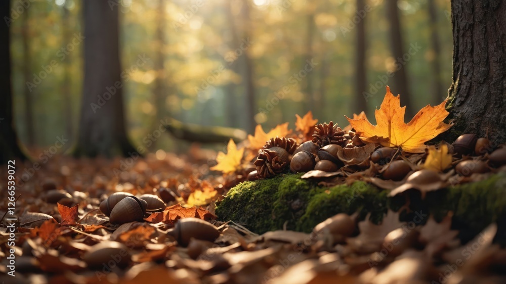 A serene forest scene with autumn leaves, acorns, and pine cones on a mossy log. A serene forest scene with autumn leaves, acorns, and pine cones on a mossy log.