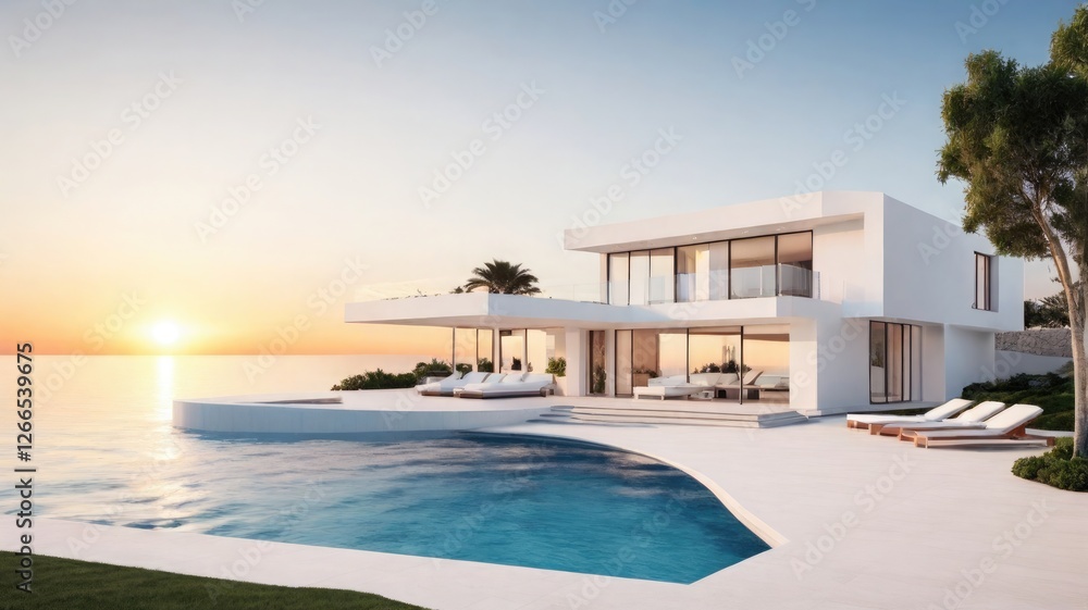 Fototapeta premium Modern white simple house with a swimming pool facing the sea at sunset.